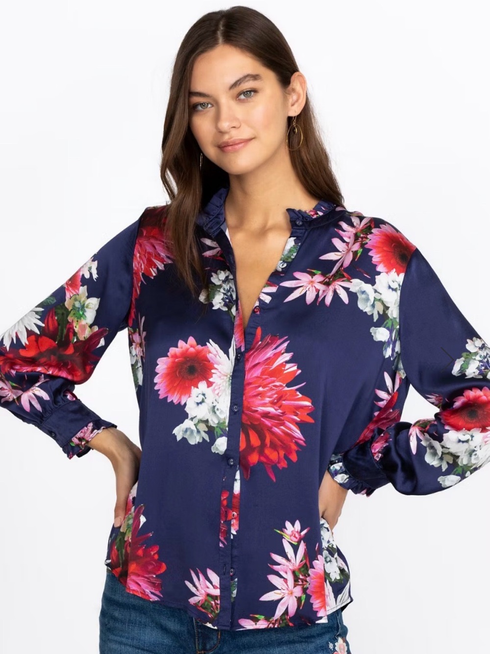 Johnny Was Astor Ruffle Collar Navy Floral Button-Down Blouse